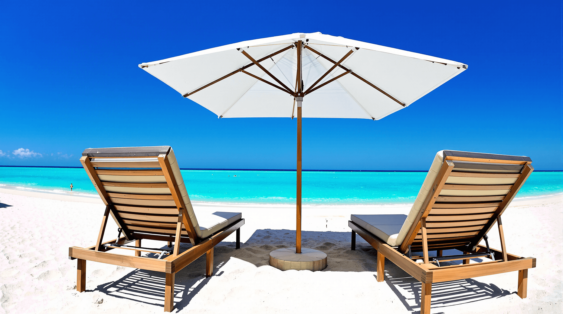 AI generated: A wide, panoramic photograph of a serene beach scene with a clear blue sky and turquoise ocean. Two ...