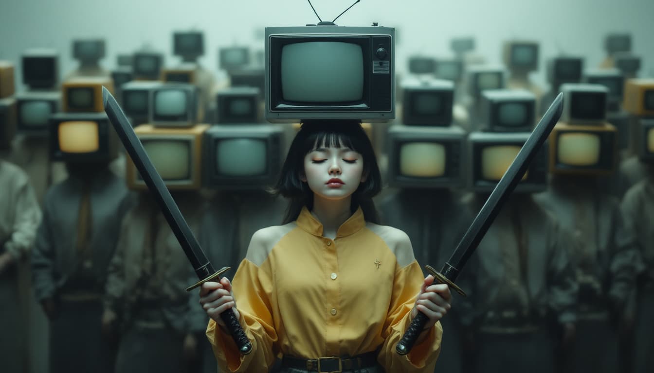 AI generated: The girl stands with her eyes closed, holding two katanas in her hands. There are many people around...
