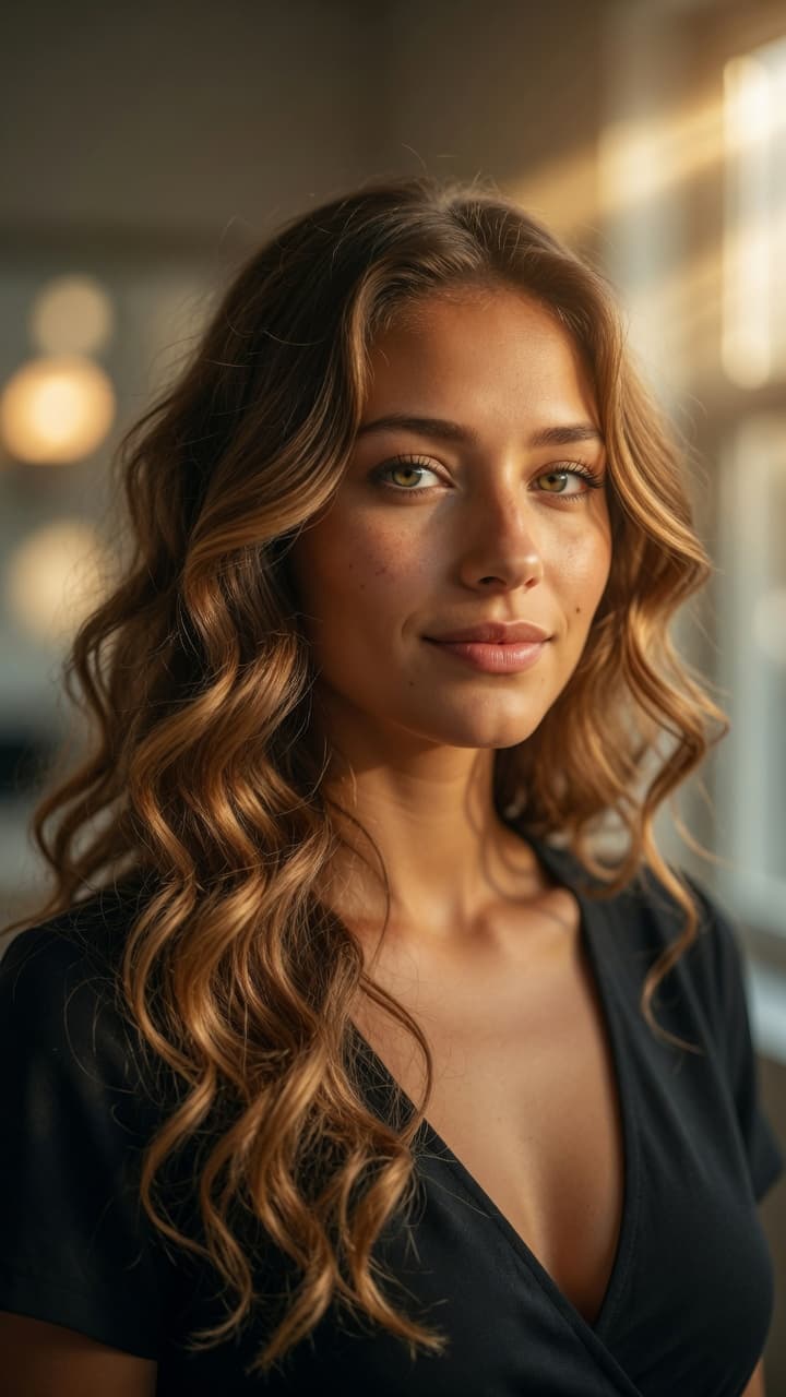 AI generated: A stunning ultra-realistic portrait of a beautiful young woman with a healthy golden tan complexion,...
