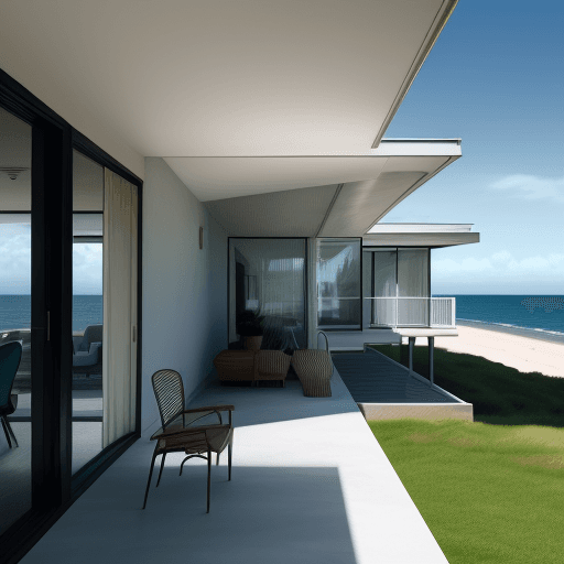 AI generated: Hyper realistic eye level exterior photo of a mid century modern style house overlooking the ocean, ...
