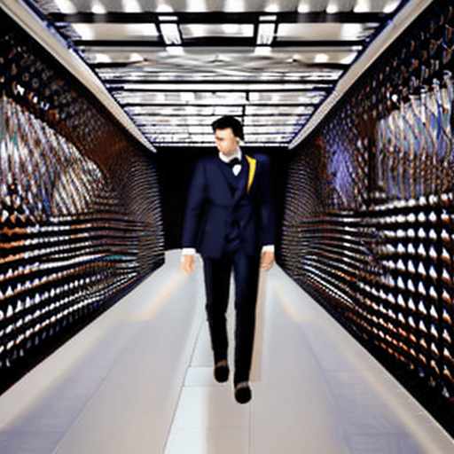 AI generated: The image features a young man wearing a dark blue suit, which includes a jacket and matching pants,...