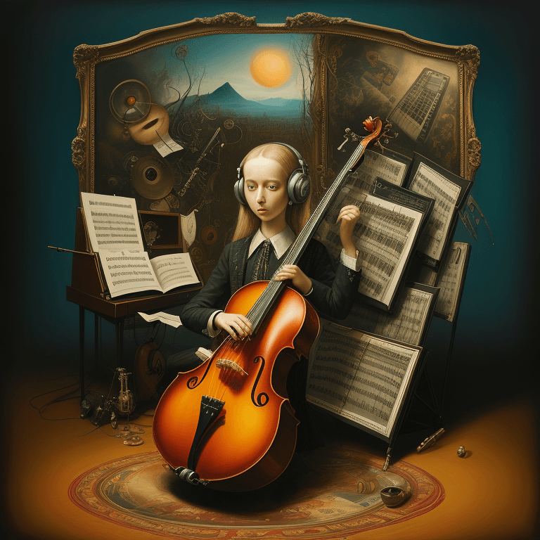 AI generated: music Album cover picture, surreal art, oil picture, music instruments, 