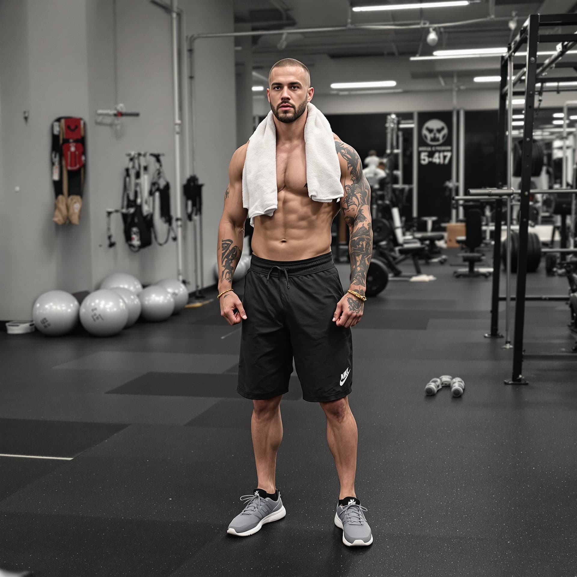 AI generated: man at the gym with towel around neck, gym clothes and sneakers, no tattoo
