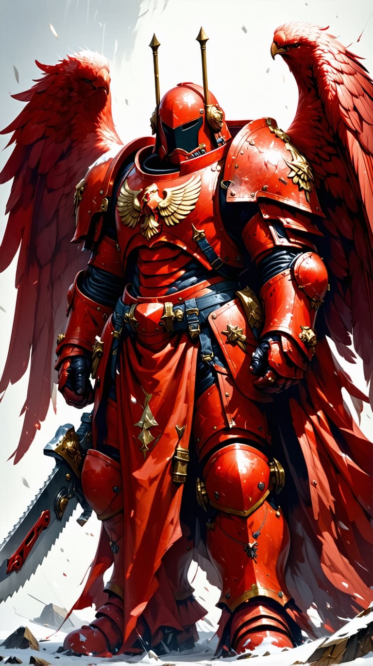 AI generated: blood angels captain with a chainsaw sword, centurion helmet, bulky armor, extremely detailed digita...