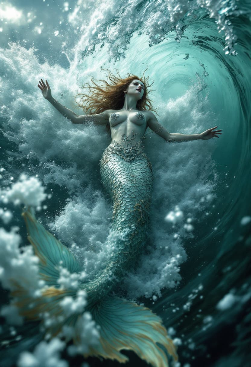 AI generated: Low angle of a graceful mermaid emerging from the ocean waves, enchanting and mesmerizing, art by Be...
