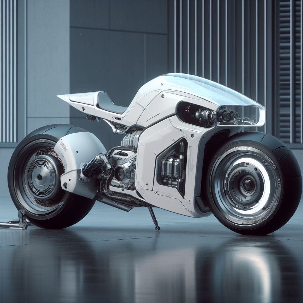 AI generated: ultra futuristic motorbike, electrical engine, minimalistic, empty rims, low seat, blade runne style