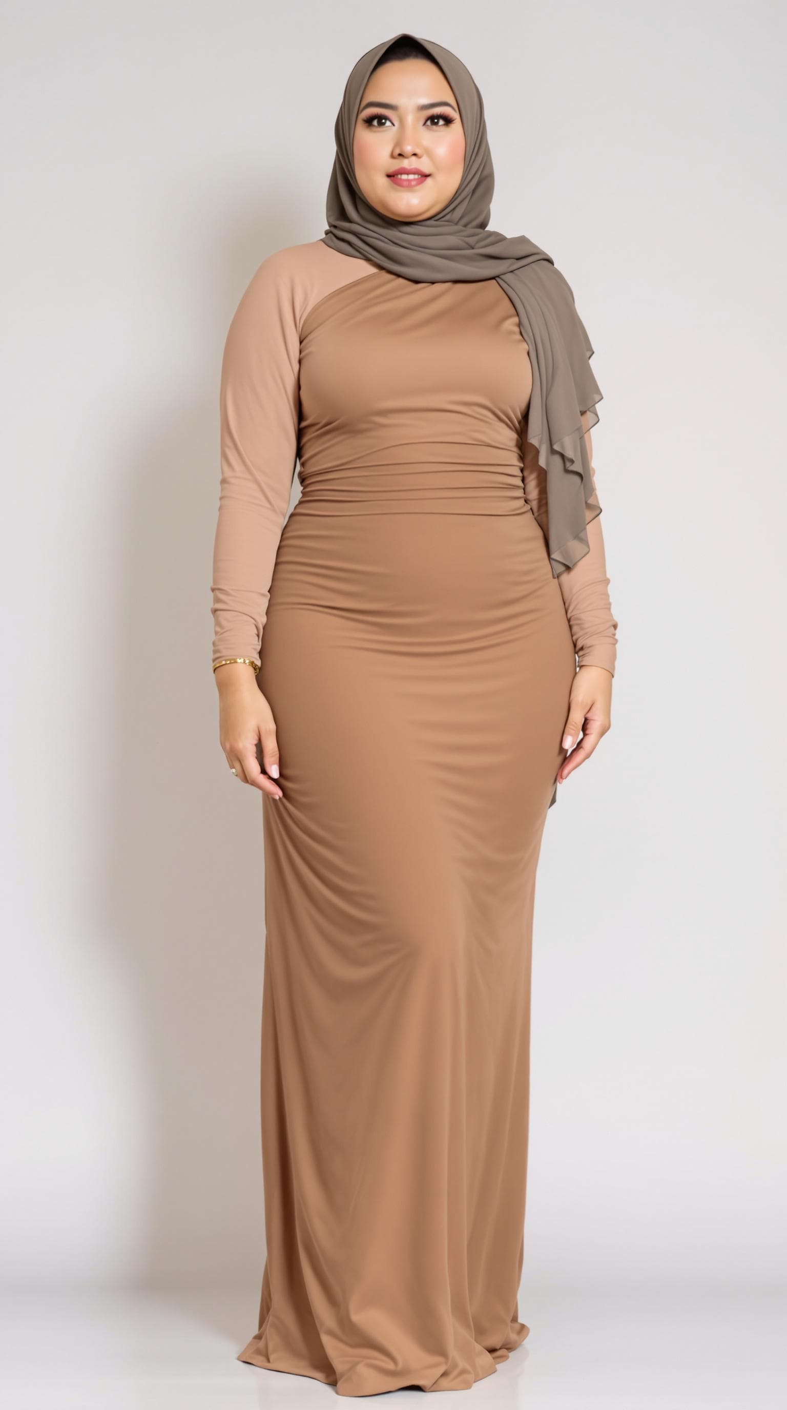 AI generated: Medium shot .a thai woman with (large rump:1.55), and narrow waist, thick legs.cute face with hijab ...