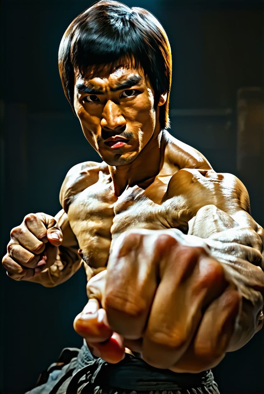 AI generated: Bruce Lee in fists of fury, hands render --ar 2:3 --v 4