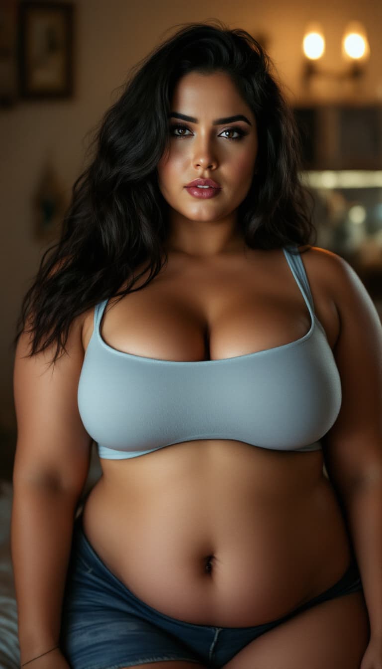 AI generated: A Close up view of Jennifer Connelly as and Indian plus size woman with FLAT stomach , breast size 4...