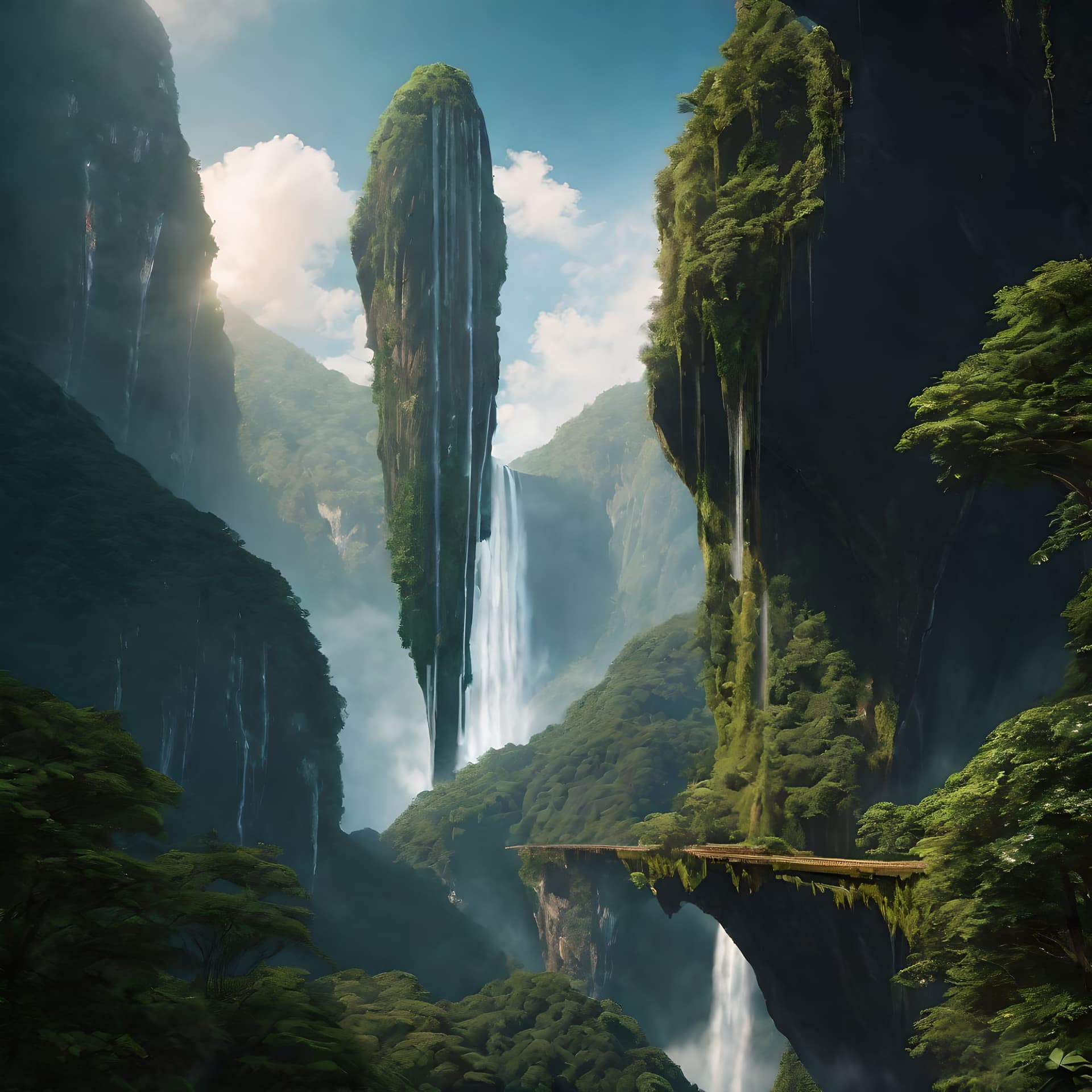 AI generated: An alien mountainside above an otherworldly rainforest, waterfall, nature photo, exploration, beauti...