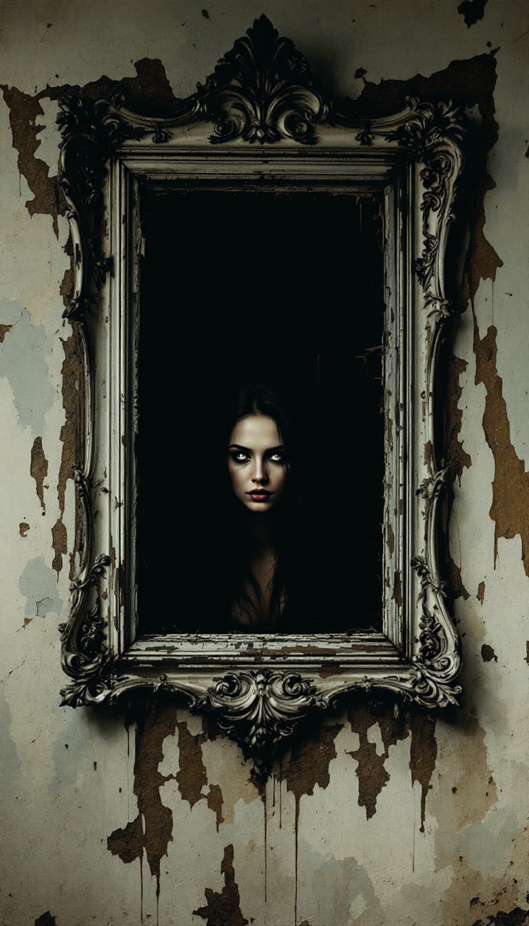 AI generated: Create a haunting portrait of a woman gazing intently out of a darkened window framed by an ornate b...