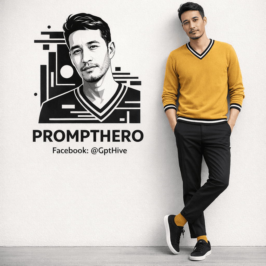 AI generated: "Ultra-realistic 8K full-body portrait of a stylish young man leaning casually against a clean light...