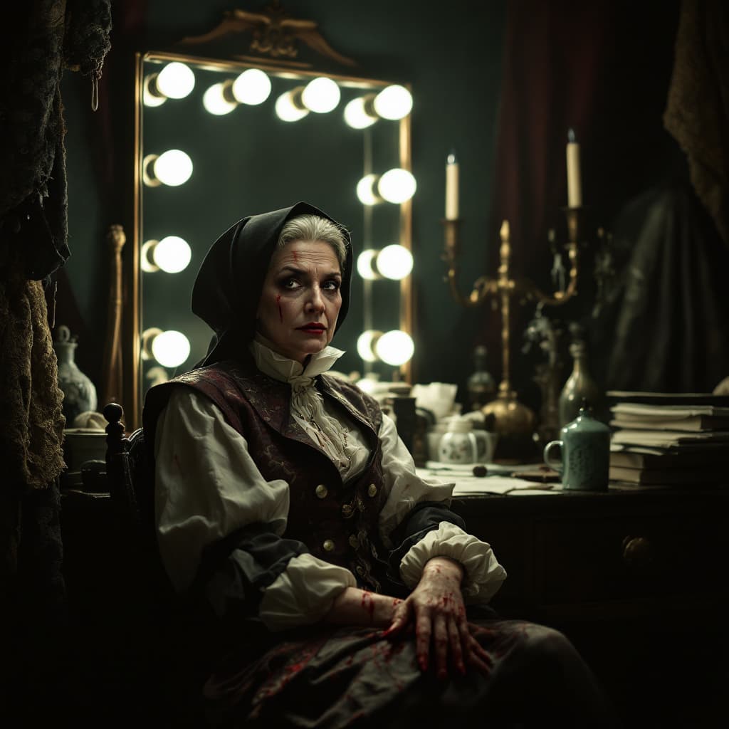 AI generated: "A hyper-realistic photo, as shoot in 1939,  of a theatrical changing room. A beautiful woman in her...