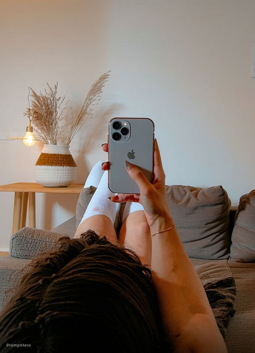 AI generated: Romantic iPhone selfie point of view looking at me,a sloppy snapshot. on a couch at night teasing(no...