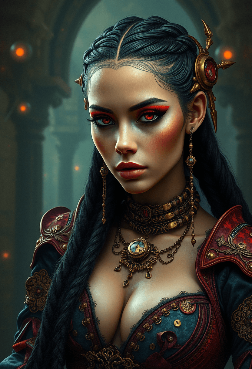 AI generated: A stunning vampire babe with brown skin, braided black hair, and red eyes, wearing an elegant latex ...