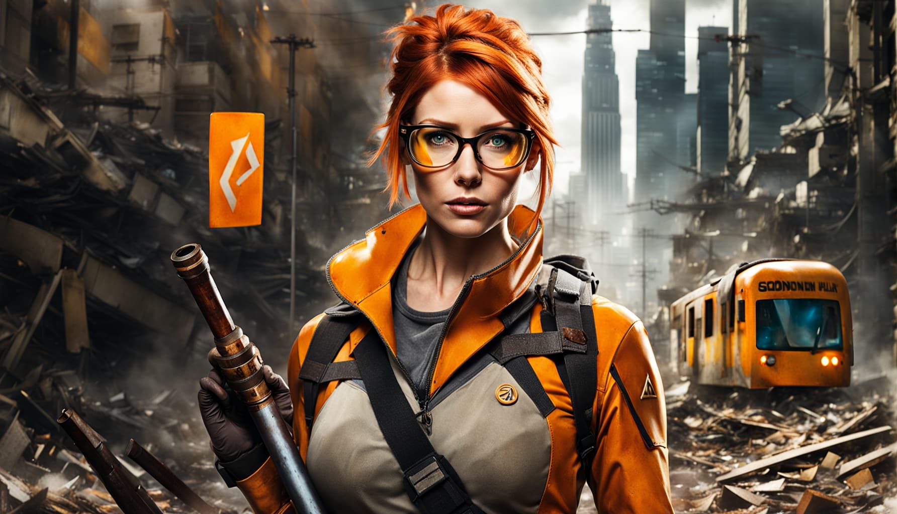AI generated: 200mm portrait photo, close up,  half-body, a ginger girl cosplaying Gordon Freeman from Half-life g...