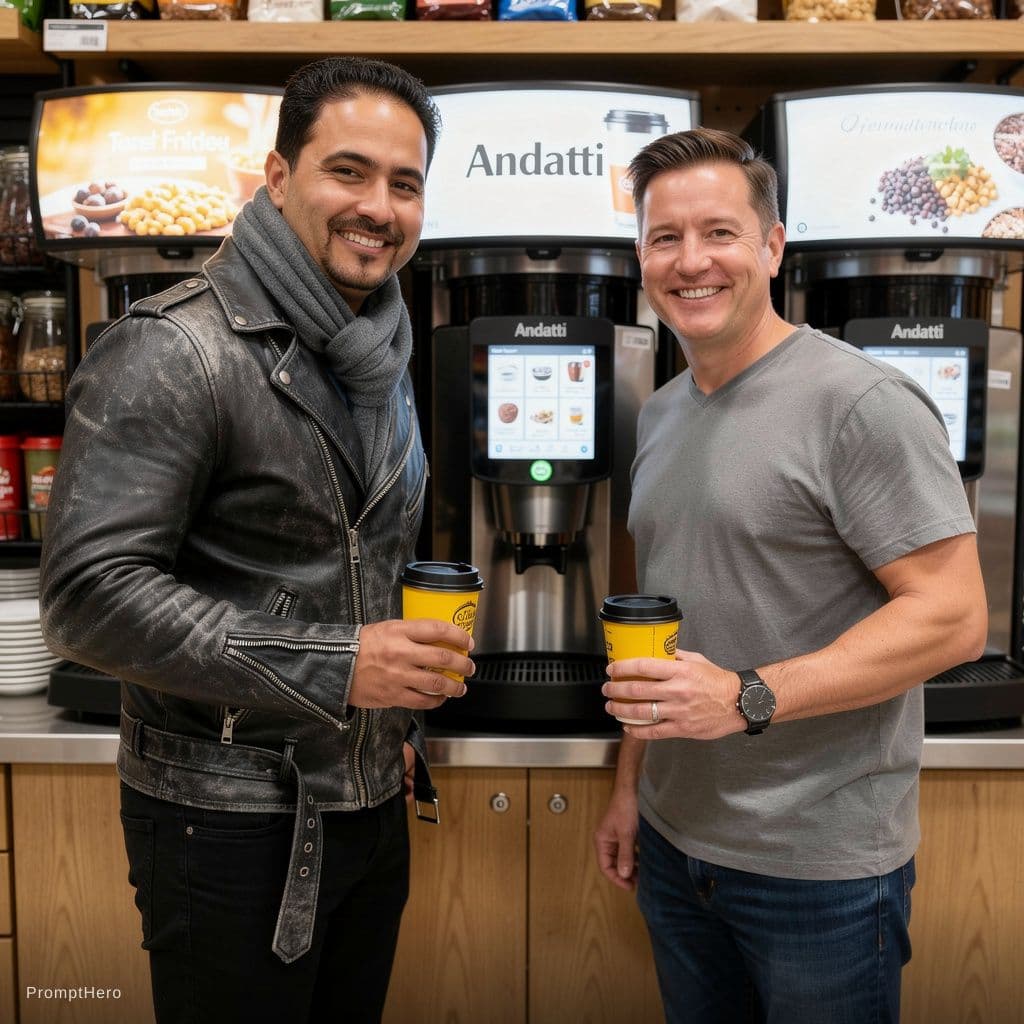 AI generated: Leonel Messi y Cristiano Ronaldo dentro de un oxxo frente a las maquinas de cafe Andatti y tomando c...