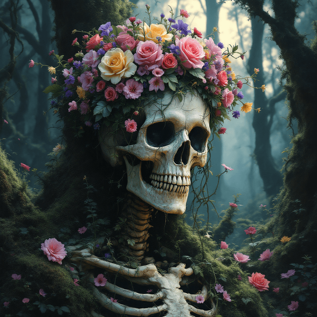 AI generated: A decayed skeleton enshrined in a surreal forest, its skull crowned with a blooming halo of vibrant ...