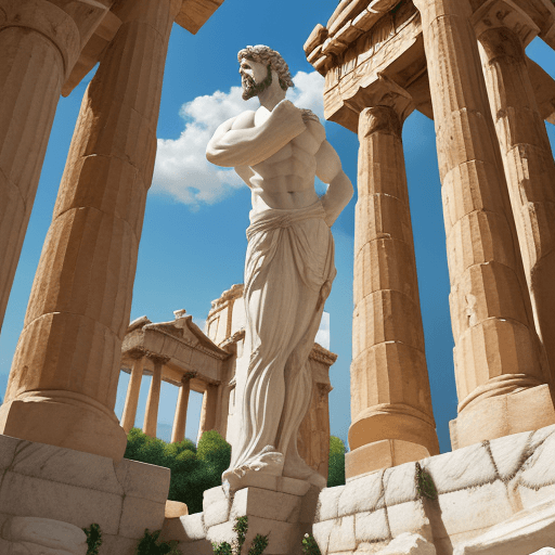 AI generated: fine detailed pointillism painting + low-angle view, hyper-realistic, classical architecture, ancien...