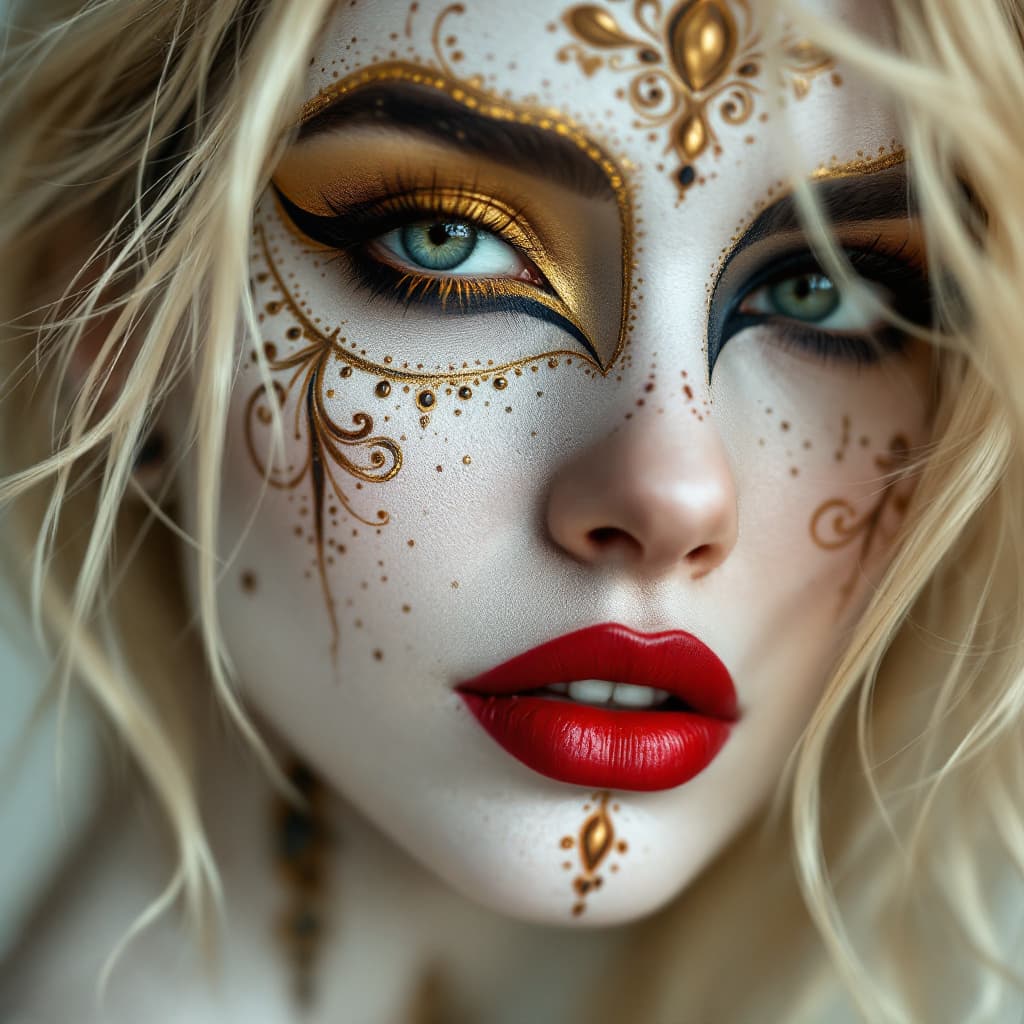 AI generated: An image of a woman with a hyperrealistic style, showcasing an elaborate body paint design. The skin...