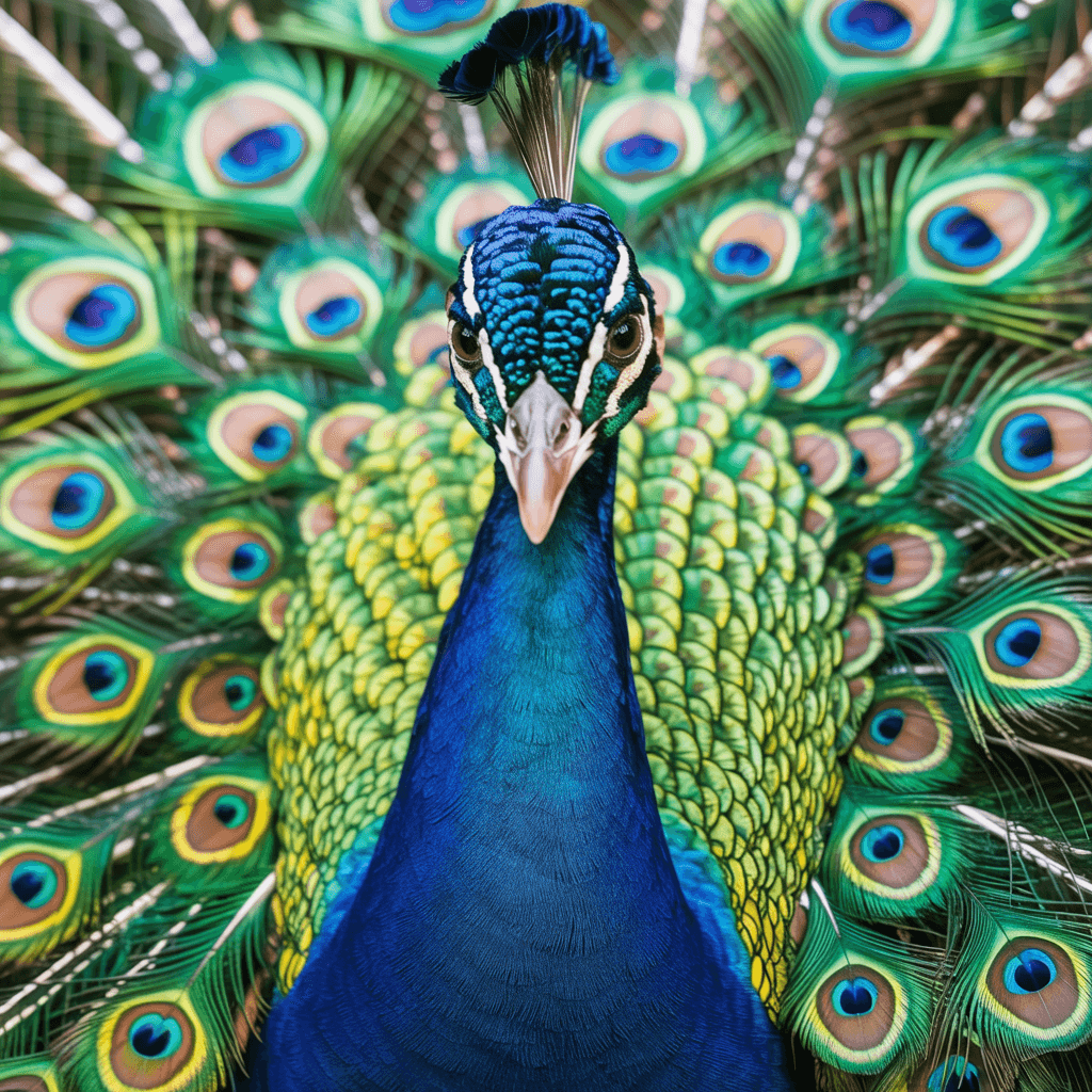 AI generated: A man with peacock genetics, his skin shimmering with iridescent feather patterns, eyes that are lit...
