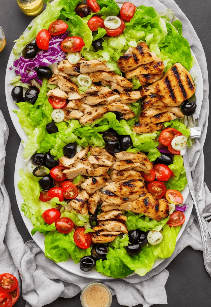 AI generated: Create a plate with grilled golden chicken salad, the plate includes lettuce, tomato, cucumber and b...