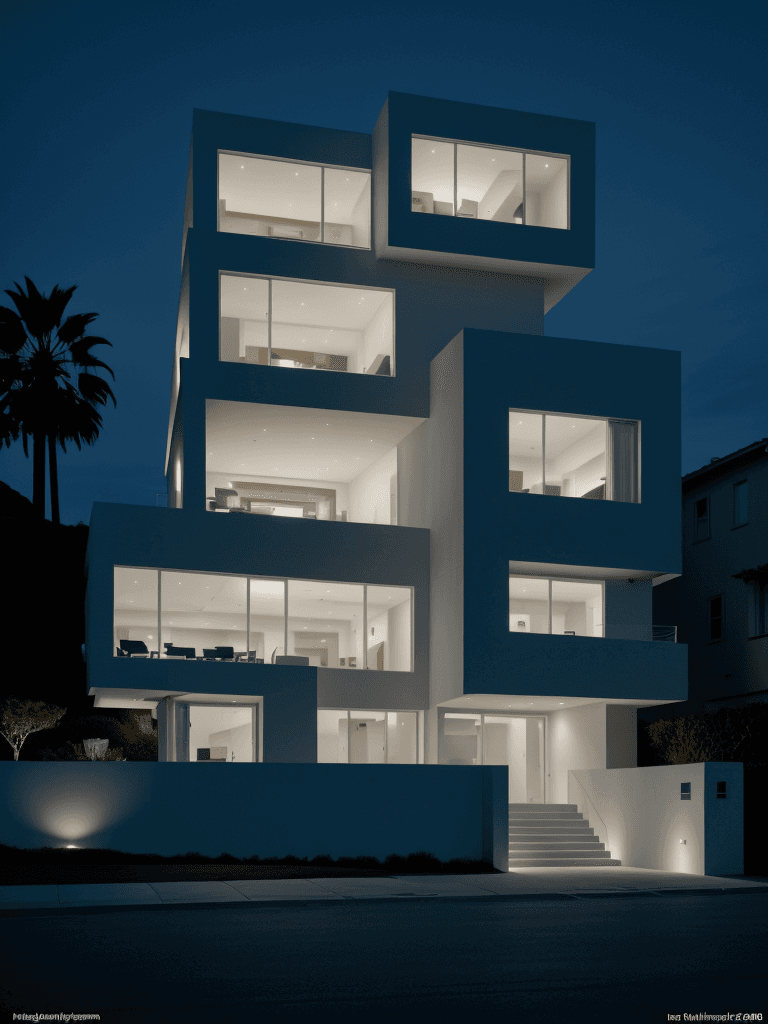 AI generated: Hyper realistic eye level exterior photo of a modern style house overlooking the ocean, night time, ...