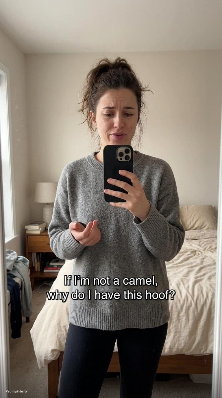 AI generated: A realistic mirror selfie video recorded on an iPhone of a woman standing in a softly lit bedroom. S...