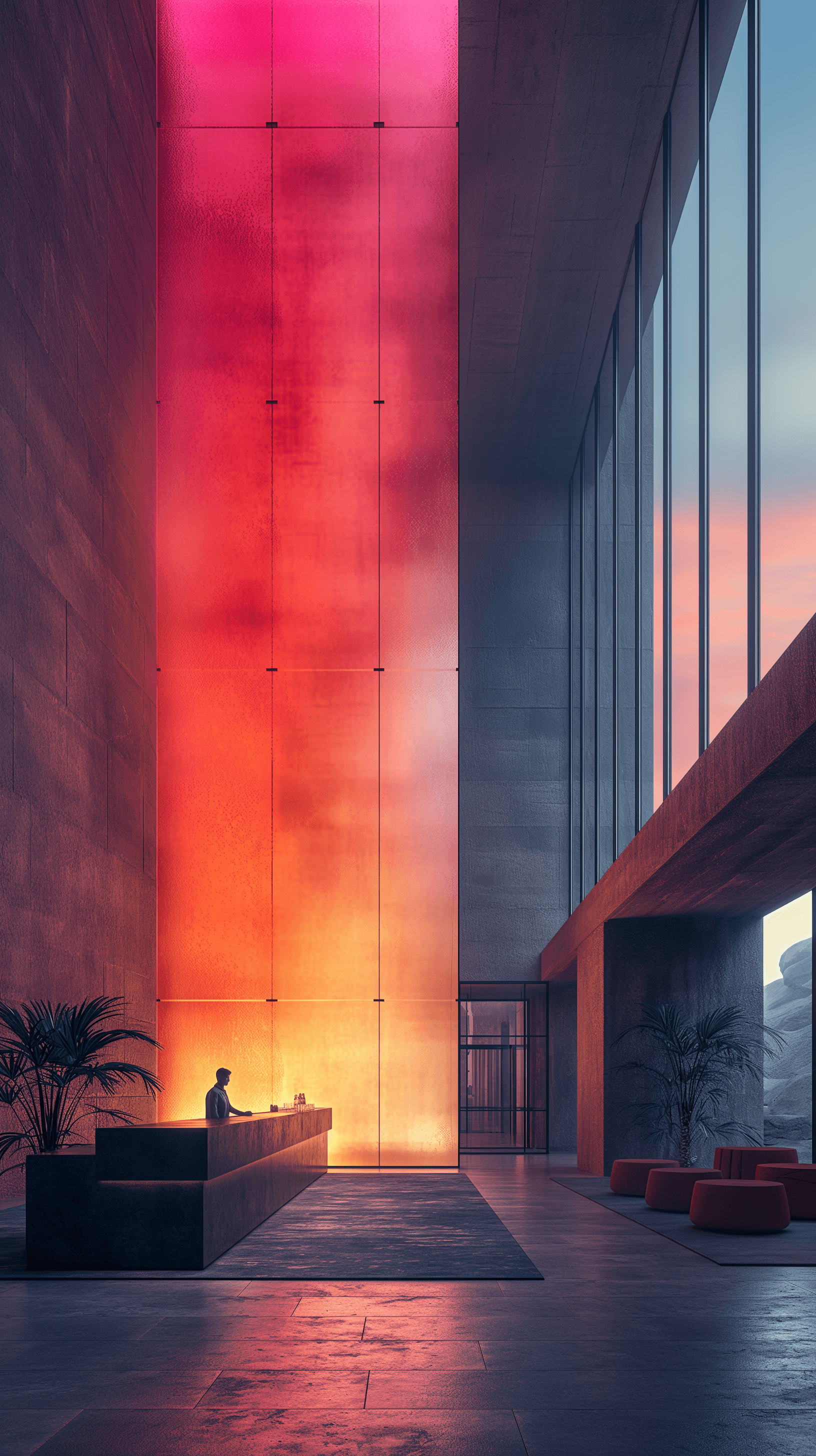 AI generated: Architectural photography, cinematic shot, interior space, vertical light panels transition from pin...