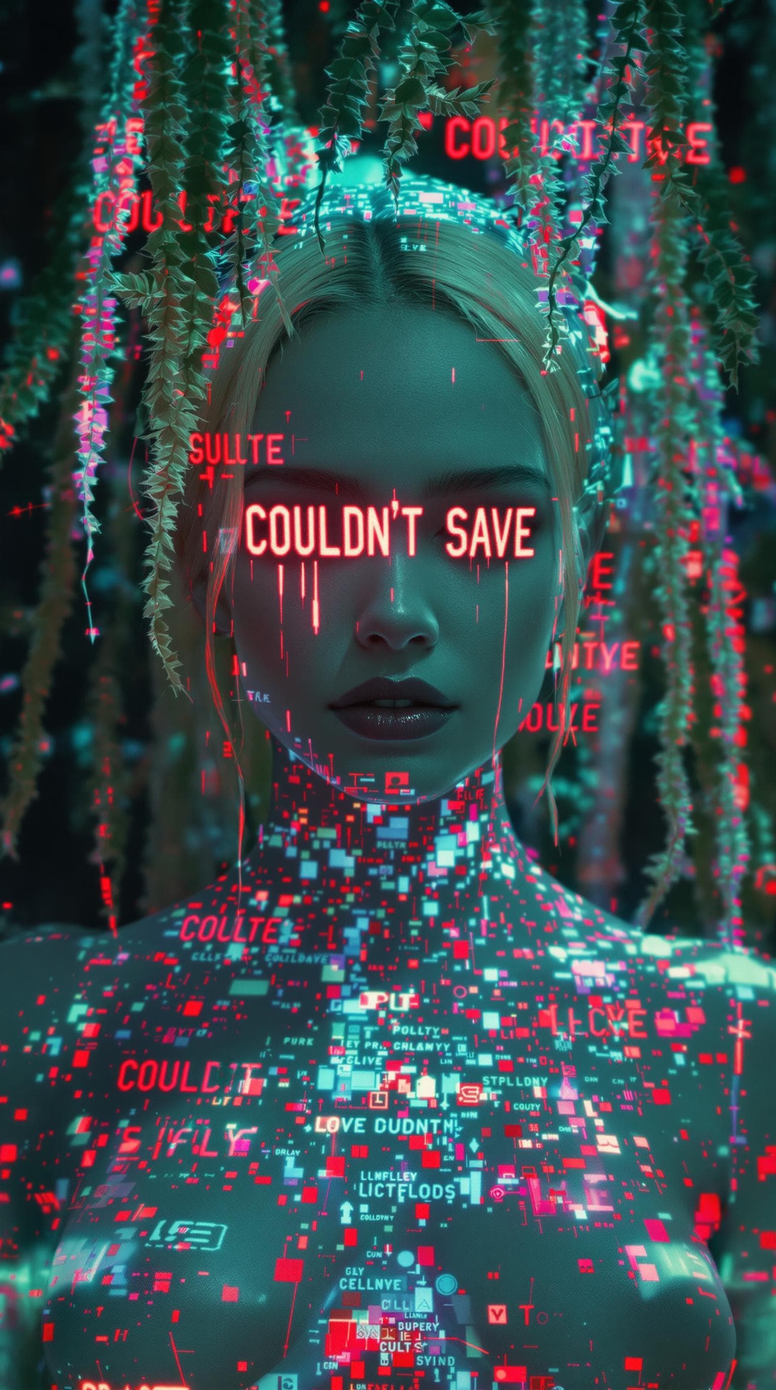 AI generated: Ultra sharp photography of a centre focused Blonde nymph cyborg with a pixelated teardrop on her fac...