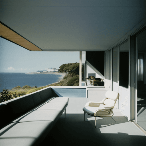 AI generated: Hyper realistic eye level exterior photo of a mid century modern style house overlooking the ocean, ...