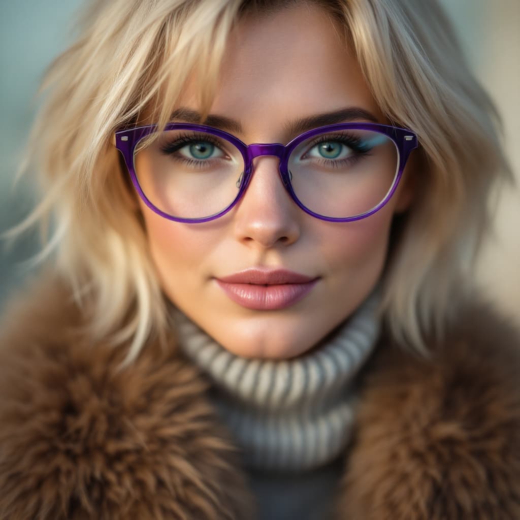 AI generated: (medium shot:1.3) photography, woman wearing purple eyeglasses, fur sweater, blond hair, short hair,...