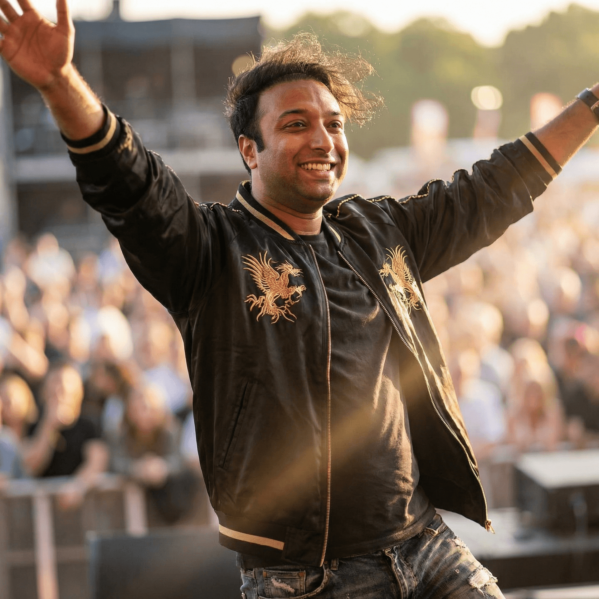 AI generated: Medium shot of a charismatic pop singer in elegant streetwear, dynamic pose with arms raised mid-mov...