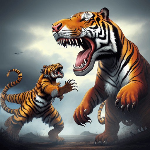 AI generated: Battle of Tyrannosaurus and Tiger
