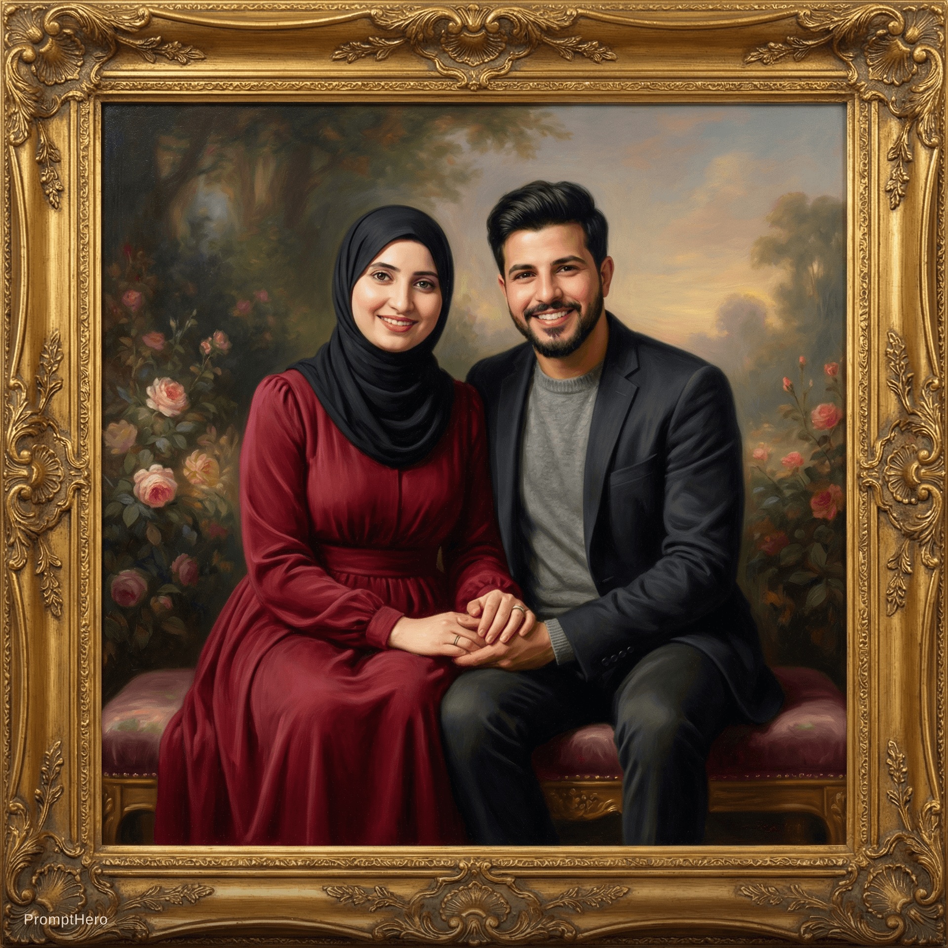 AI generated: إنشاء صورة تجمع هذان الشخصان في اجواء رومانسية تعكس الحب والسعادة في اجواء رائعة ومبهجة بشكل راقي وم...
