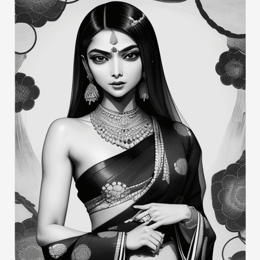 AI generated: in the style of a black and white Japanese ink drawing, a beautiful Deepika Padukone in a traditiona...