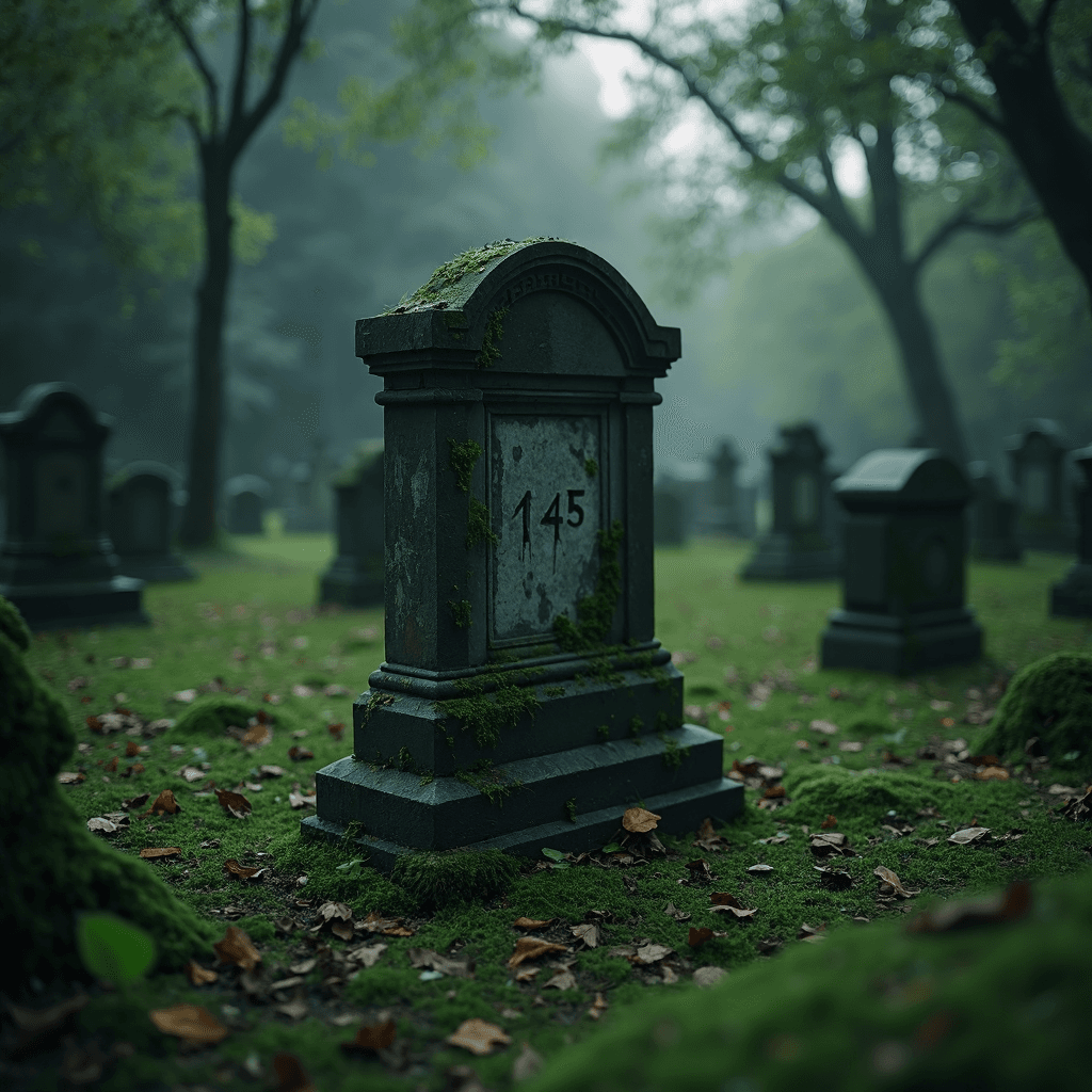 AI generated: dull and haunted eerie graveyard, in the center worn in the moss there is single grave stone with nu...
