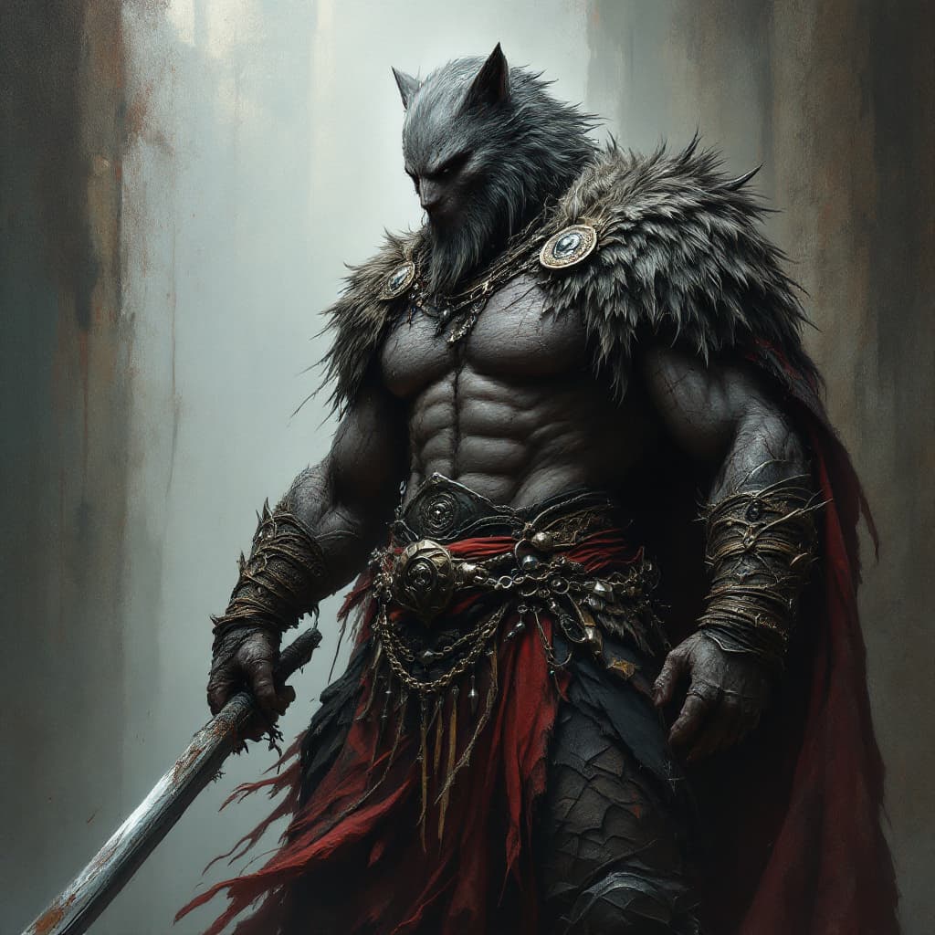 AI generated: detailed full body concept art illustration, dark soft focus, plague style oil painting on canvas of...