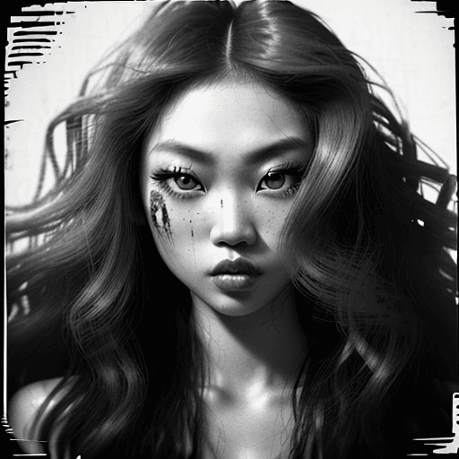 AI generated: black and white, grunge style photograph of ginger female instagram asian model face close up, beaut...