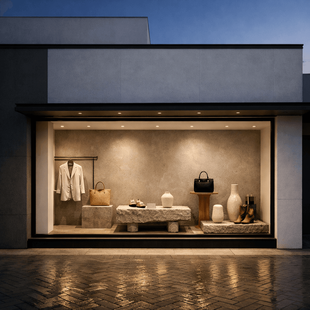 AI generated: minimalist store exterior, at dusk, the architecture should feature clean lines with a sophisticated...