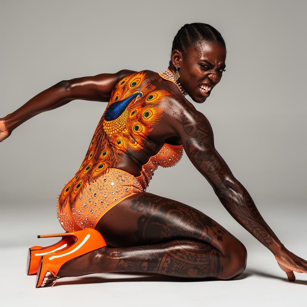 AI generated: An ebony woman named Desiree is completely covered in intricate tattoos including a massive fiery pe...