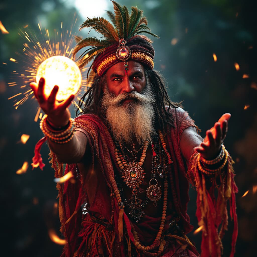 AI generated: un guru de goa india, con barba y rastas, bailando con una bola de luz en las manos