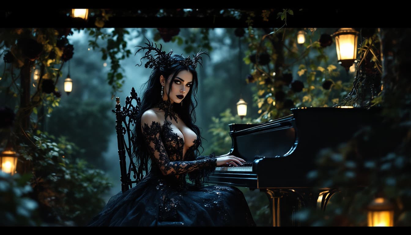 AI generated: Seen from a slight high angle, the gothic queen with big breasts is seated at a grand ebony piano be...