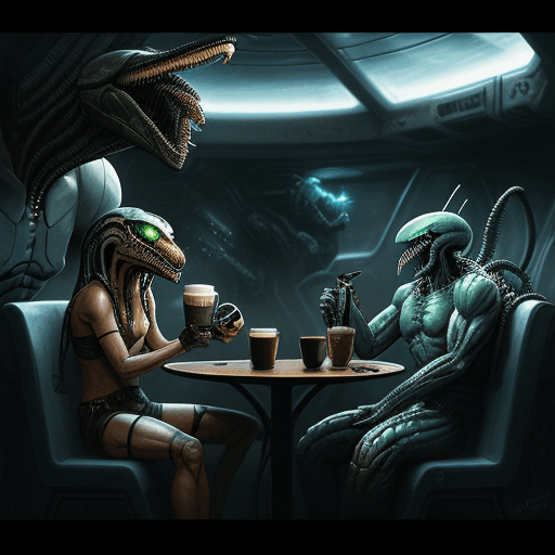 AI generated: Coffee Shop in Space, a predator drinking coffee and a alien drinking coctail, movie AVP: Alien vs. ...