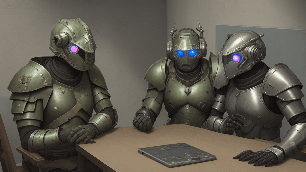 AI generated: Armoured warriors discussing in a secret lab, human eyes
