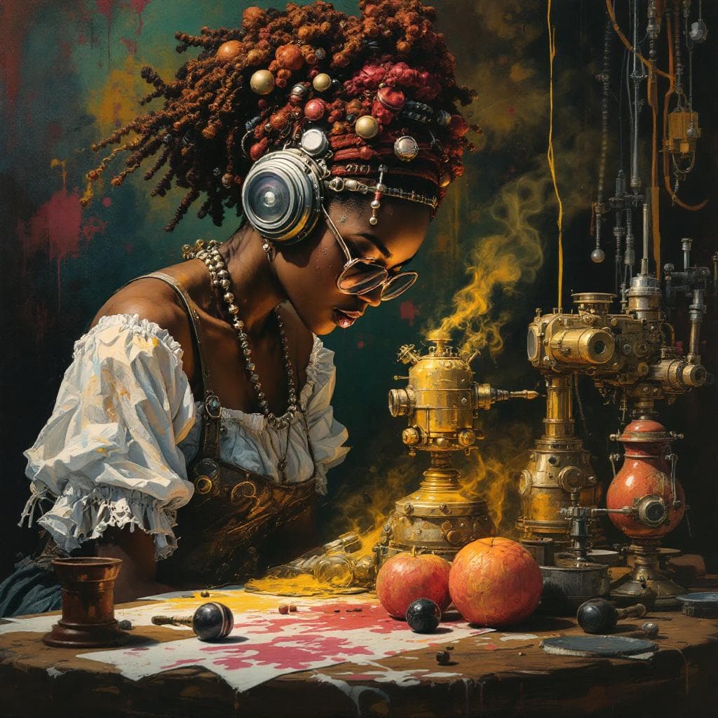 AI generated: oil printing of an african american steampunk lady tinkering
