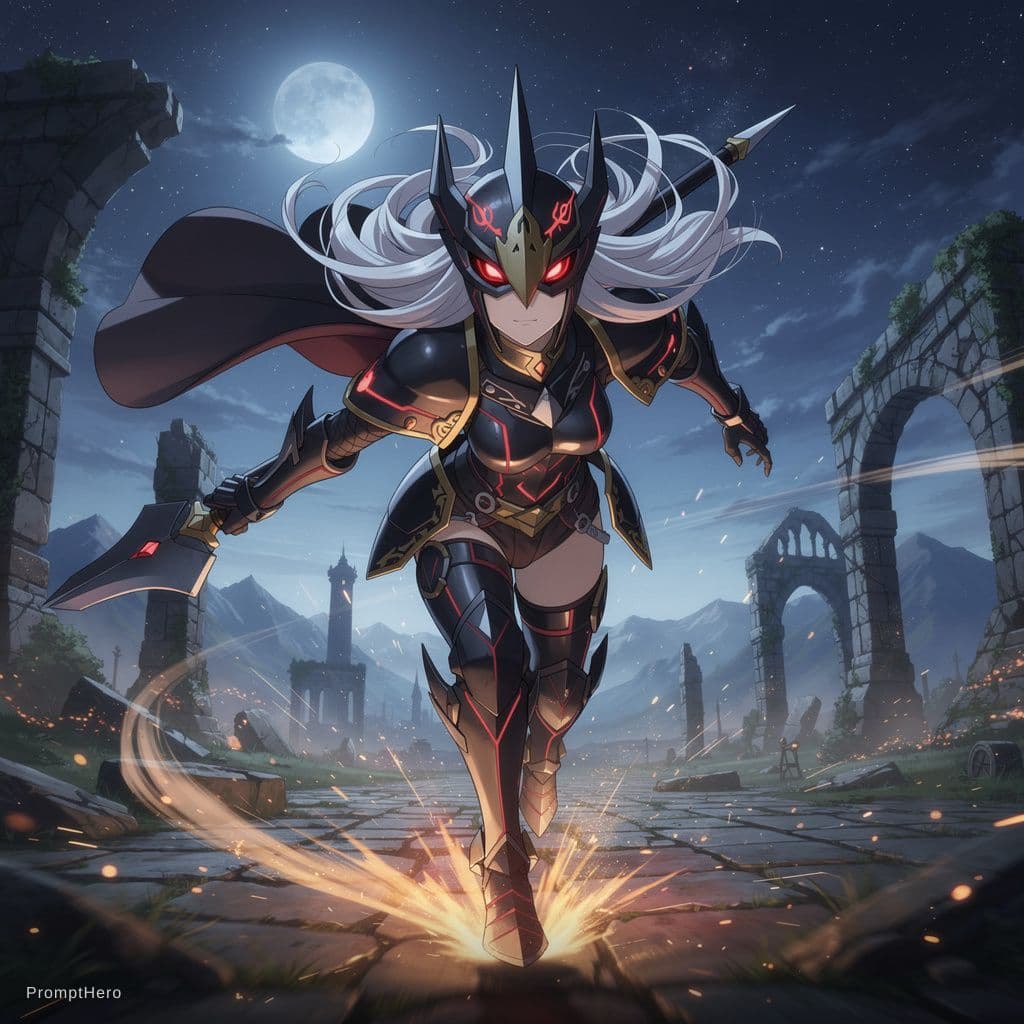 AI generated:  A beautiful female manga chevalier avec armure raven standing *women waifu like anatomy). armure me...