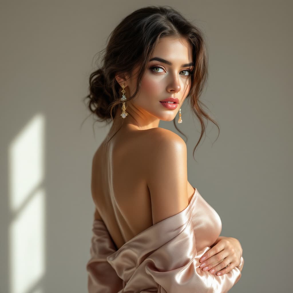 AI generated: A woman with elegant curves, wearing a silk dress, soft lighting, photorealistic style, with artisti...
