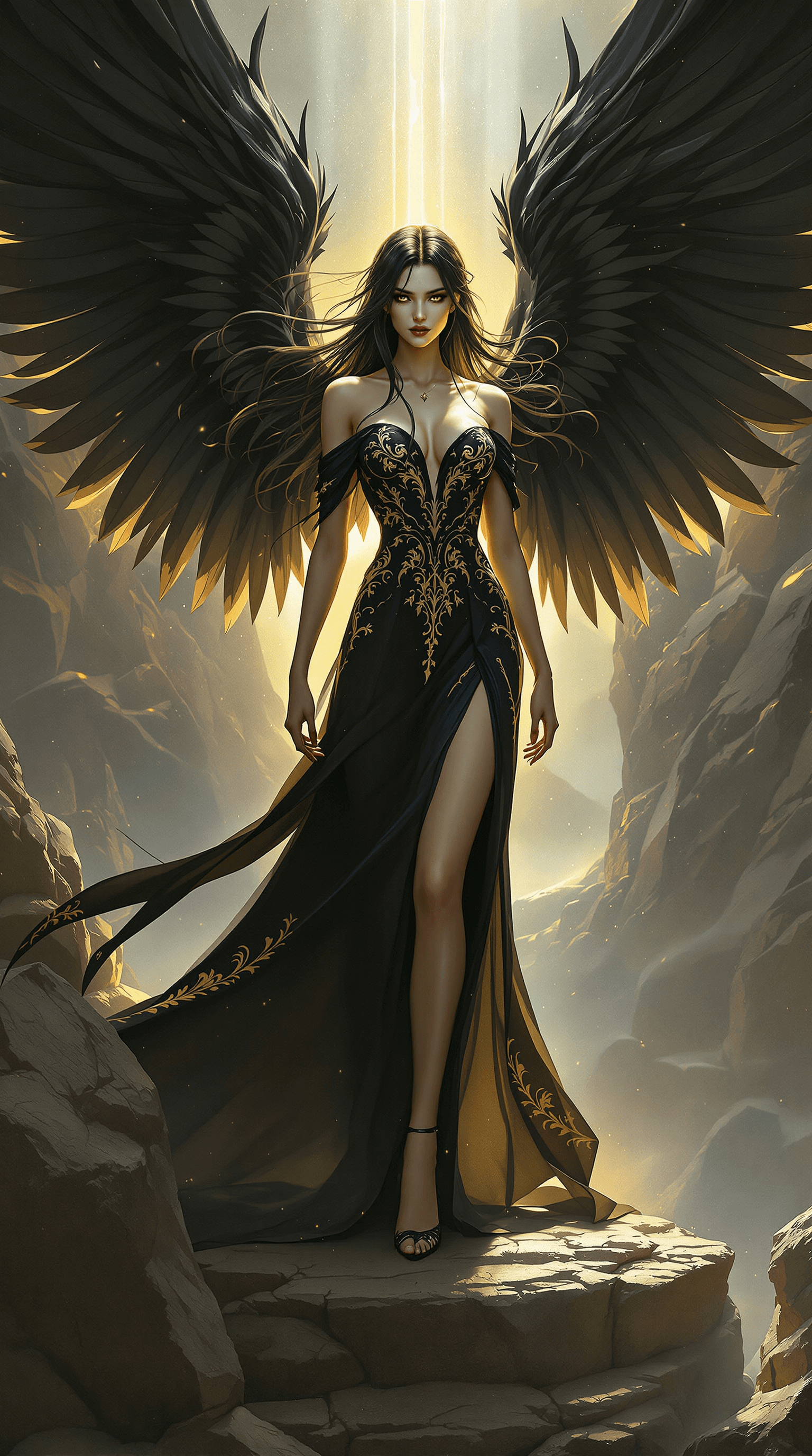 AI generated: (Ultra-high resolution, Hyper-detailed dark fantasy artwork, Dark celestial queen illuminated by div...