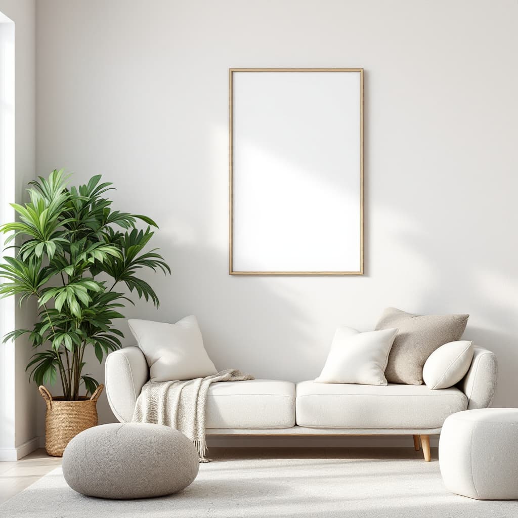 AI generated: A realistic, minimalistic living room with modern furniture in neutral tones, complemented by lush, ...